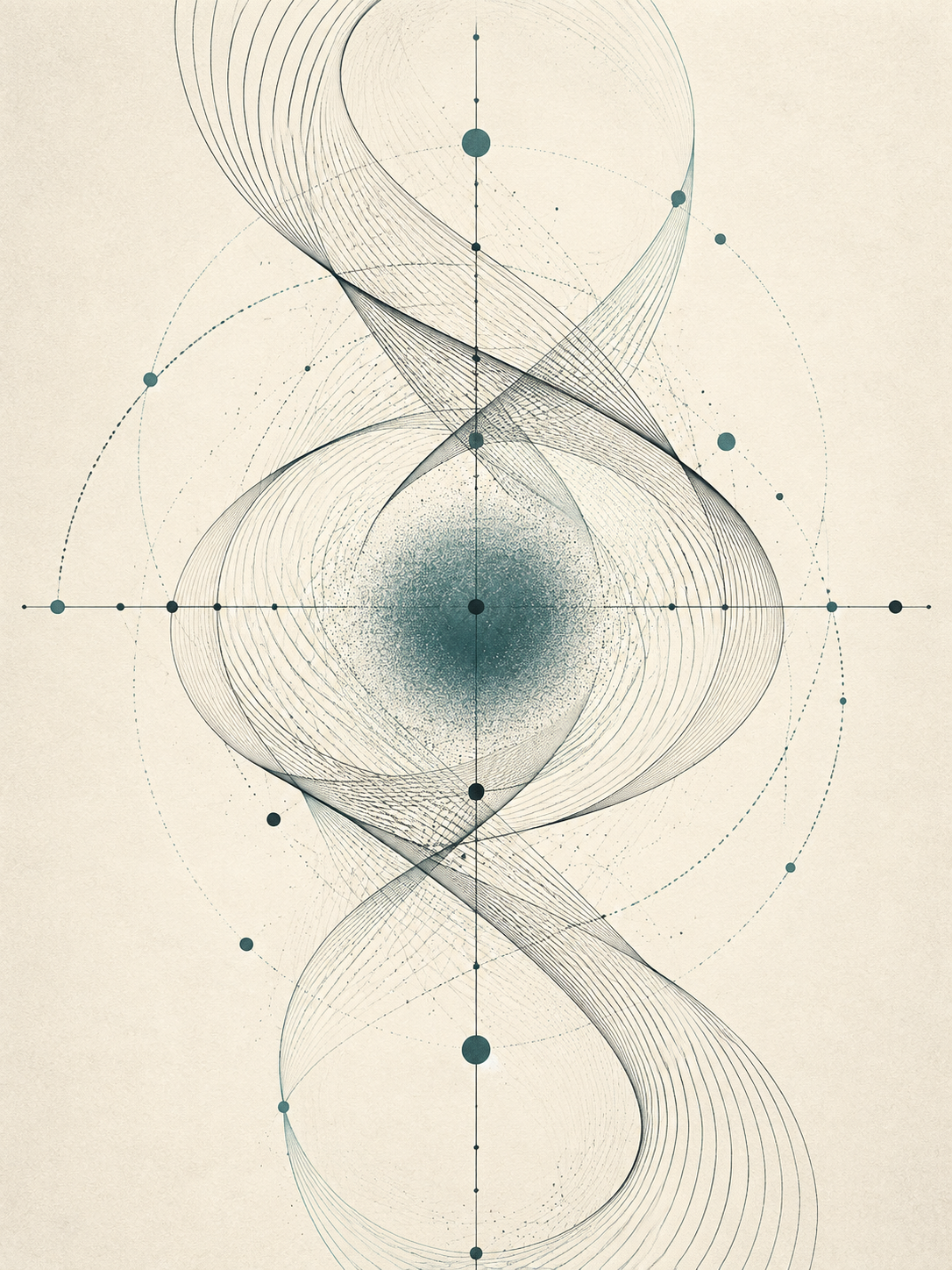 Abstract editorial illustration of intersecting computational waveforms and nodes